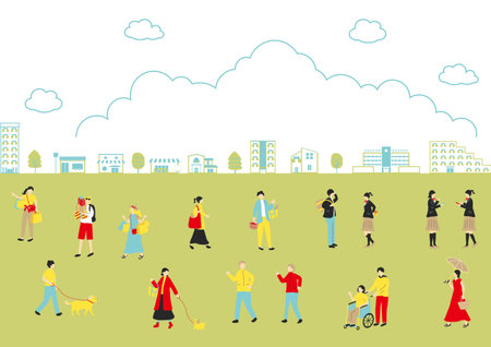 People walking in the park. Vector illustration. Flat design style.のイラスト素材