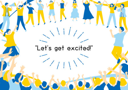 Group of cheering people with hands up celebrating success. Vector illustration.のイラスト素材