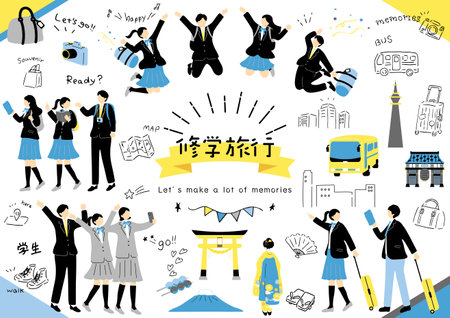 Japan students enjoying a school tripのイラスト素材