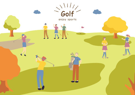 Illustration of people playing golf. Flat design style vector illustration.のイラスト素材