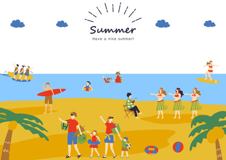 Summer holiday. People on the beach. Vector illustration in flat styleのイラスト素材