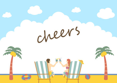 Couple in love on the beach. Young man and woman sittingchairs on the beach.のイラスト素材