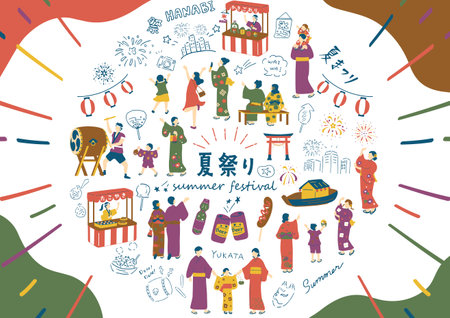 People enjoying summer festivals in Japanのイラスト素材