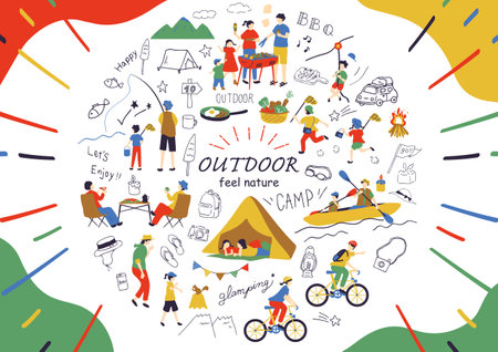 Camping and outdoor activities with people. Vector illustration in flat styleのイラスト素材