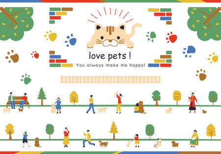 I love cats and dogs in the park, vector illustration, flat styleのイラスト素材