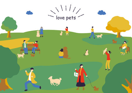 Vector illustration of people walking with dogs in park. Flat style design.のイラスト素材