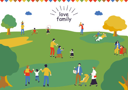 Vector illustration of a happy family in the park. Flat design.のイラスト素材
