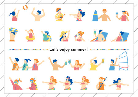 Set of vector illustrations of happy people in swimsuits and beach wear.のイラスト素材