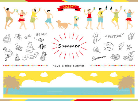 Summer holiday icons set in cartoon style. Vector illustration.のイラスト素材