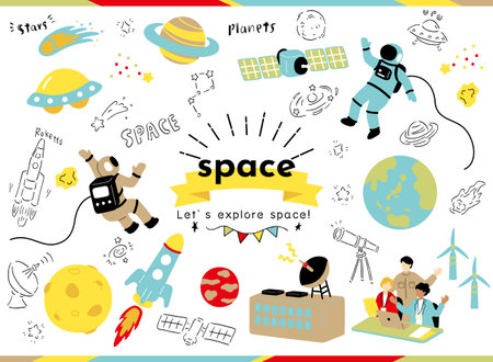 Vector illustration of a set of children's spaceships, planets, rockets, stars and other elements.のイラスト素材