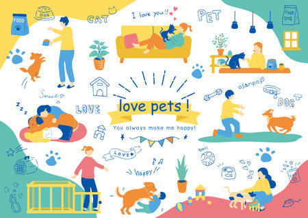Flat design vector illustration of people spending time with pets in the room.のイラスト素材