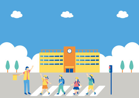 school building with people crossing the road vector illustartion graphic designのイラスト素材