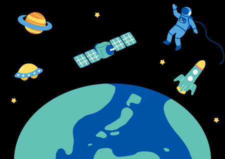 Cartoon space scene with astronaut, planets and stars. Vector illustrationのイラスト素材