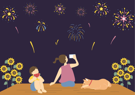 People enjoying fireworks on the porchのイラスト素材