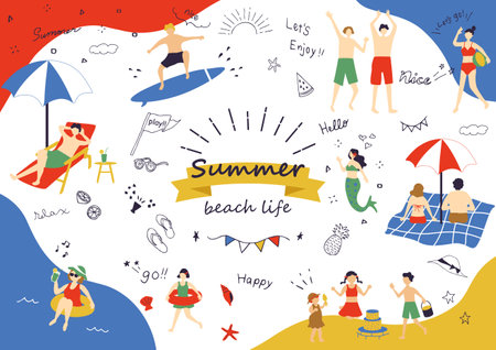 Summer People playing in the seaのイラスト素材