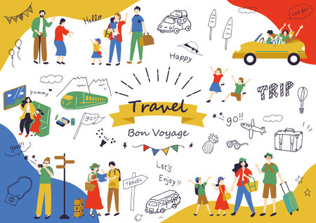 Travel around the world, vector illustration. People traveling by car.のイラスト素材