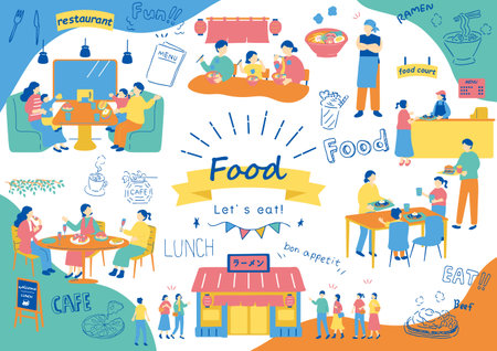 Restaurant menu design with people eating and drinking food. Flat vector illustration.のイラスト素材