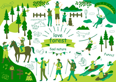 Hiking and camping in the forest. Flat style vector illustration.のイラスト素材