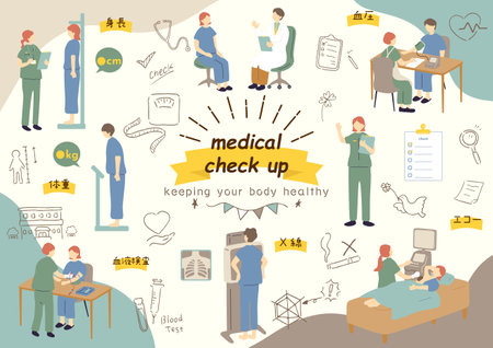 Medical check-up and healthcare concept with doctors and patients in hospital illustrationのイラスト素材