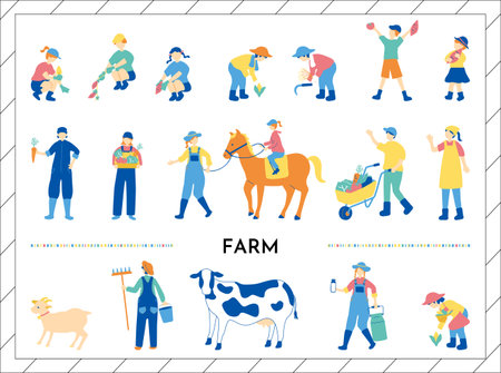 Farming and farming flat icons set with people and animals isolated vector illustrationのイラスト素材