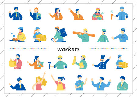 Vector illustration of a set of workers in various poses and situations.のイラスト素材