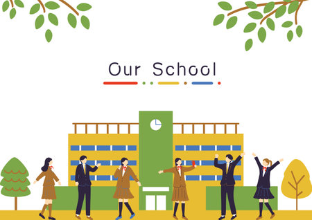 Vector illustration of students standing in front of school building. Education concept.のイラスト素材