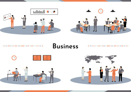 Business meeting and brainstorming. Flat design vector illustration concept of business people brainstorming.のイラスト素材