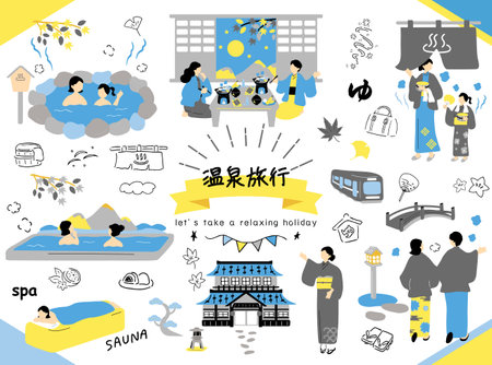 Japanese style travel icon set in blue and yellow color, flat design.のイラスト素材