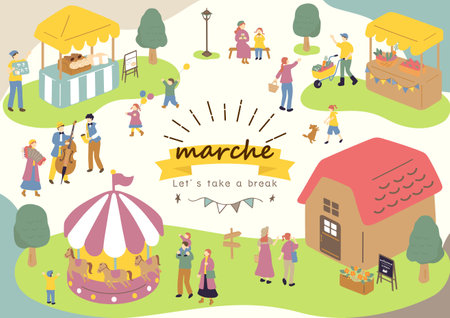 Vector illustration of a market with people and food in flat style.のイラスト素材