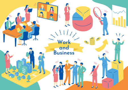 Work on business isometric composition with business people characters and icons vector illustrationのイラスト素材