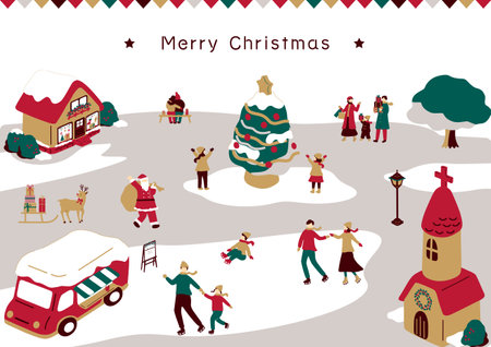 Merry Christmas and Happy New Year card with family, vector illustrationのイラスト素材