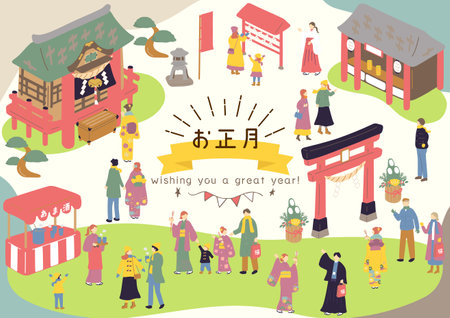 Japan travel and sightseeing vector illustration. People in traditional costumes.のイラスト素材