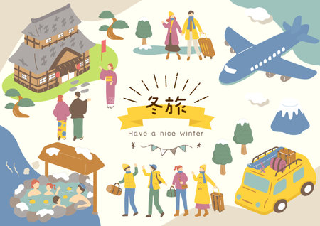 People enjoying a winter trip to Japanのイラスト素材