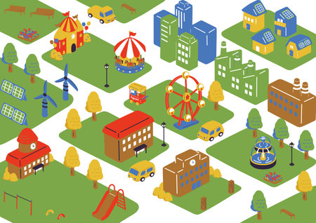 Amusement park isometric seamless pattern with buildings, cars, ferris wheel and housesのイラスト素材