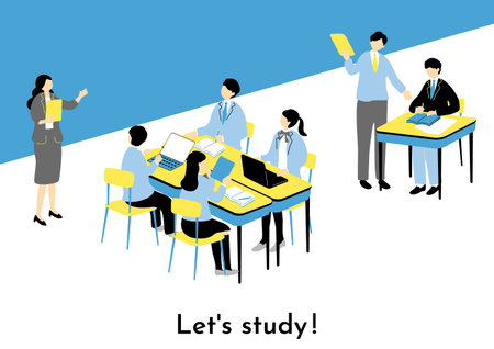Learning isometric concept with teacher and students in classroom, vector illustrationのイラスト素材