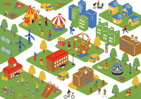 Amusement park isometric seamless pattern with people and buildings vector illustrationのイラスト素材