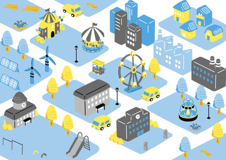 Amusement park isometric background with buildings and amusement rides vector illustrationのイラスト素材