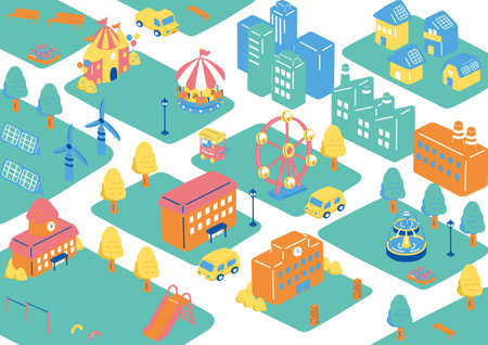 Amusement park isometric seamless pattern with buildings, cars, ferris wheel, trees and houses.のイラスト素材