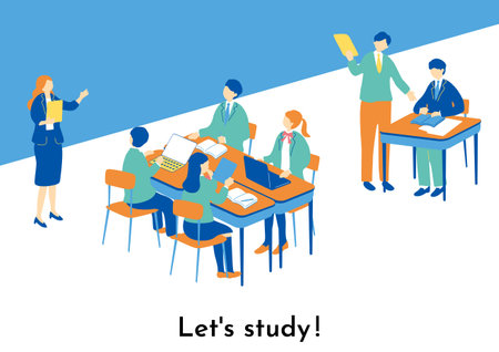 Isometric vector illustration of a teacher and students in the classroom.のイラスト素材
