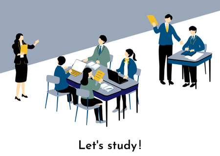 Learning isometric concept with group of people and teacher in classroom vector illustrationのイラスト素材