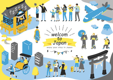 Foreigners enjoying sightseeing in Japanのイラスト素材