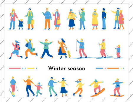 Winter sports. Set of people on ice skating, snowboarding, skiing, walking. Flat style vector illustration.のイラスト素材