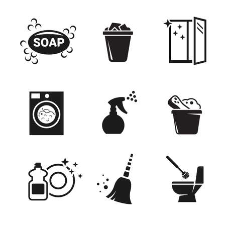 Set of black vector icons, isolated against white background. Flat illustration on a theme cleaning the houseのイラスト素材