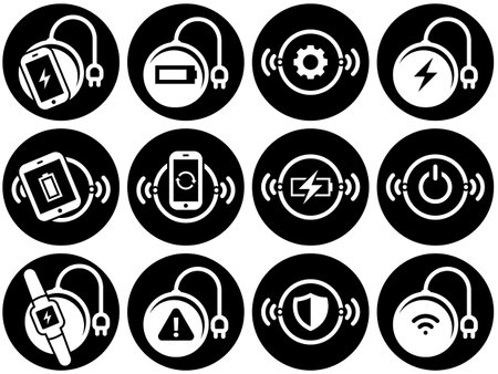 Set of simple icons on a theme wireless charger, vector, design, collection, flat, sign, symbol, element, object, illustration. white backgroundのイラスト素材