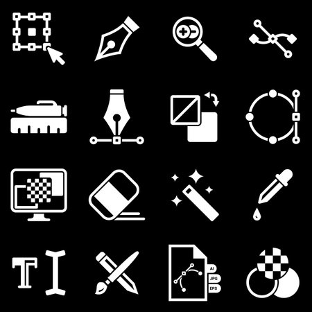 Set of simple icons on a theme Graphic design, drawing, tools, vector, set. black backgroundのイラスト素材