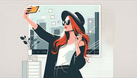 Illustration on the theme of a woman taking a selfieの素材