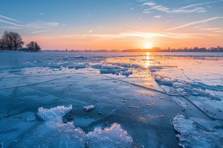 Sunset over a lake frozen with cracked ice and trees in the distanceの素材