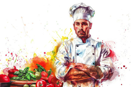 Chef in white uniform with crossed arms and vegetablesの素材