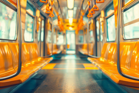 Interior of a subway train with rows of orange seats and handrails, no passengersの素材
