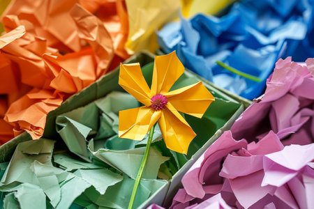 A bright yellow origami flower stands tall among crumpled colored paperの素材